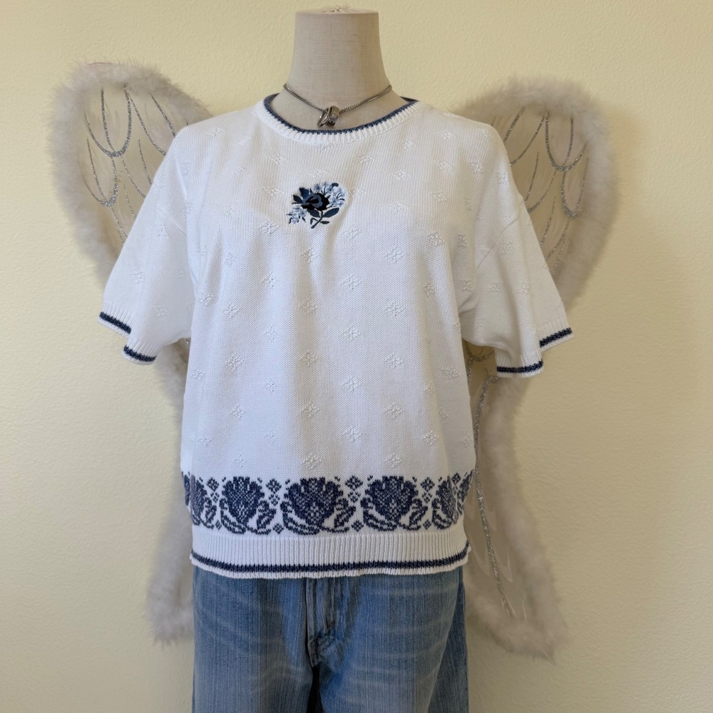 Vintage White Cotton Knit Short Sleeve Floral‎ Sweater Top Blue USA Cottagecore